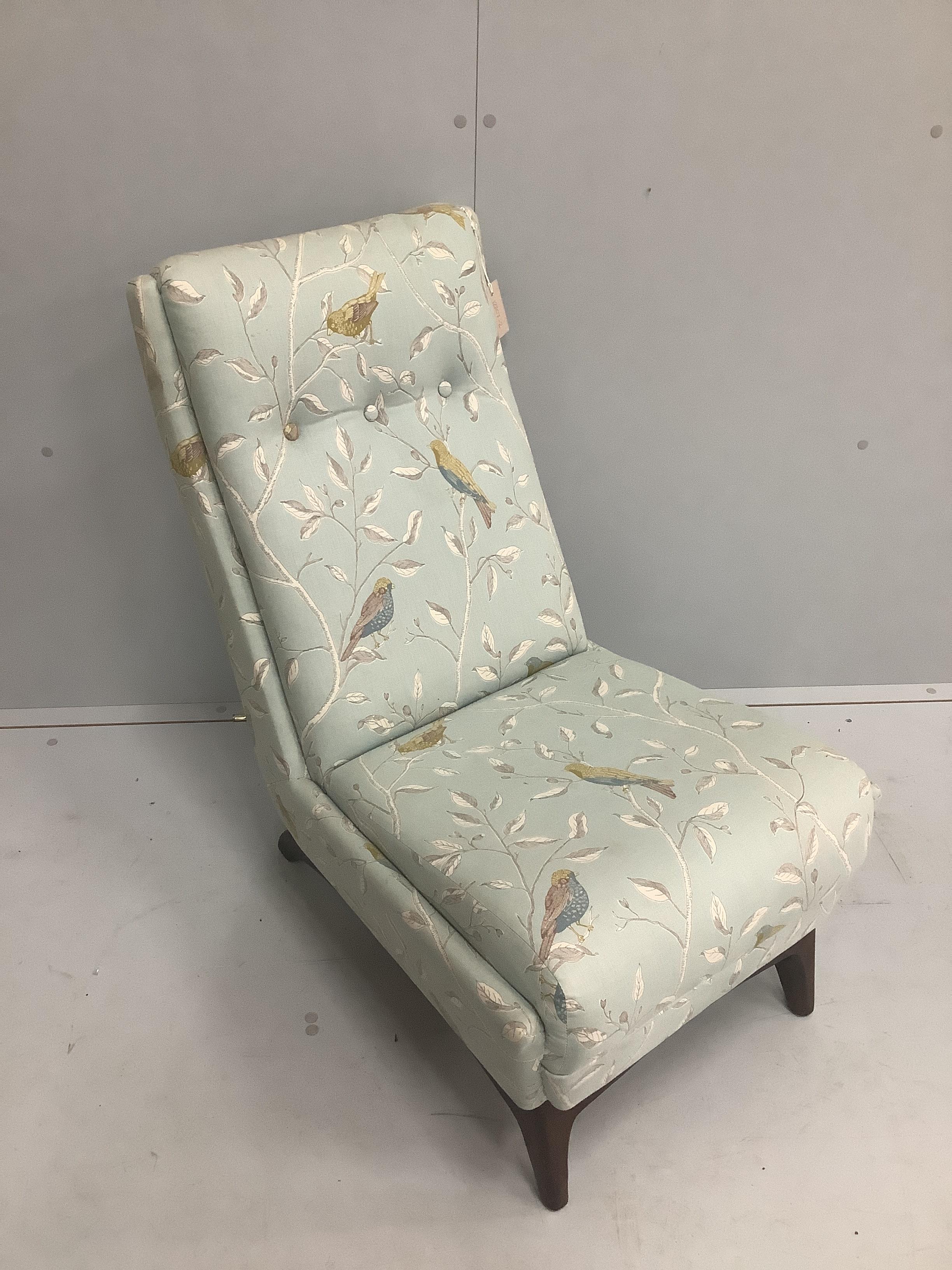 A mid century mahogany side chair recently re-upholstered in contemporary Sanderson finches duck egg fabric, width 50cm, depth 78cm, height 82cm